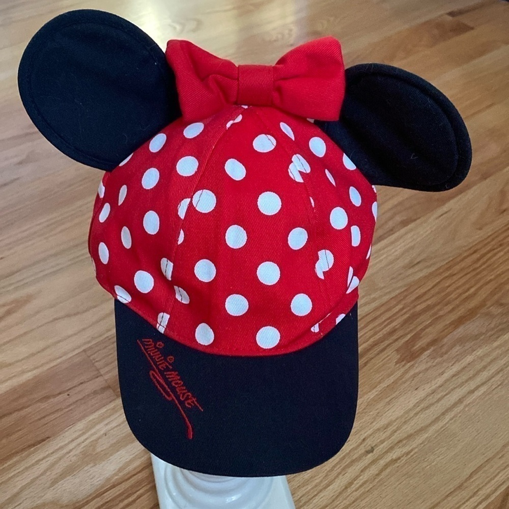 Disney Parks Minnie Mouse Youth Baseball Red Polka Dot Hat Cap w/ Ears And Bow